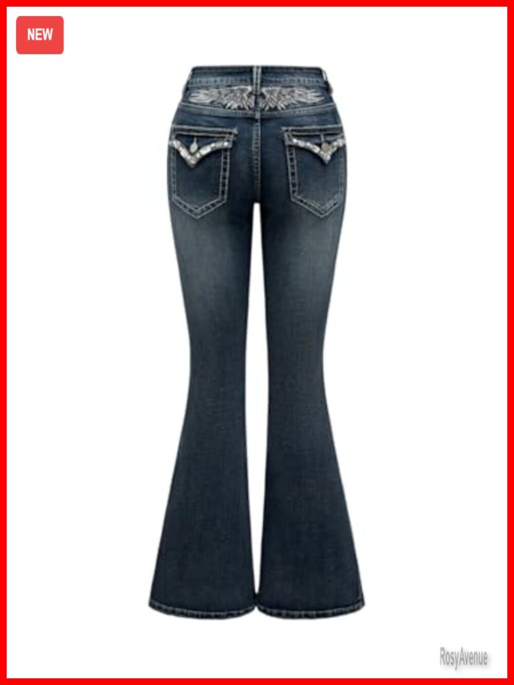 Goth Punk Rhinestone Embroidered Flare Jeans Low Rise Stretch Denim